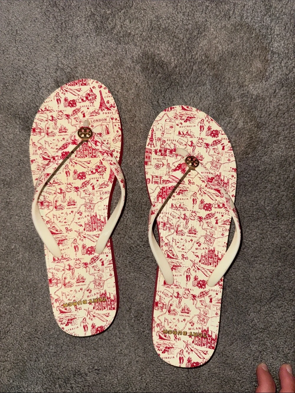 Tory Burch Cream & Red Printed Logo Flip Flops